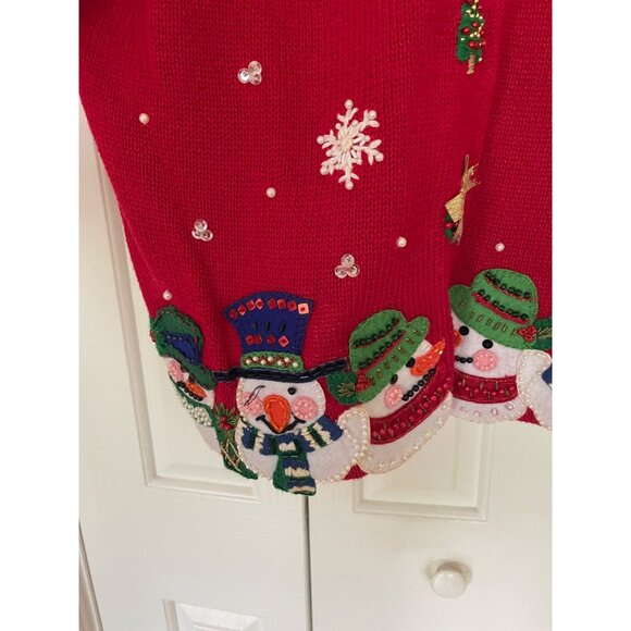Tiara Petites Red Ugly Christmas Sweater Snowman Snowflake Applique Sequin Pearl - Picture 4 of 9